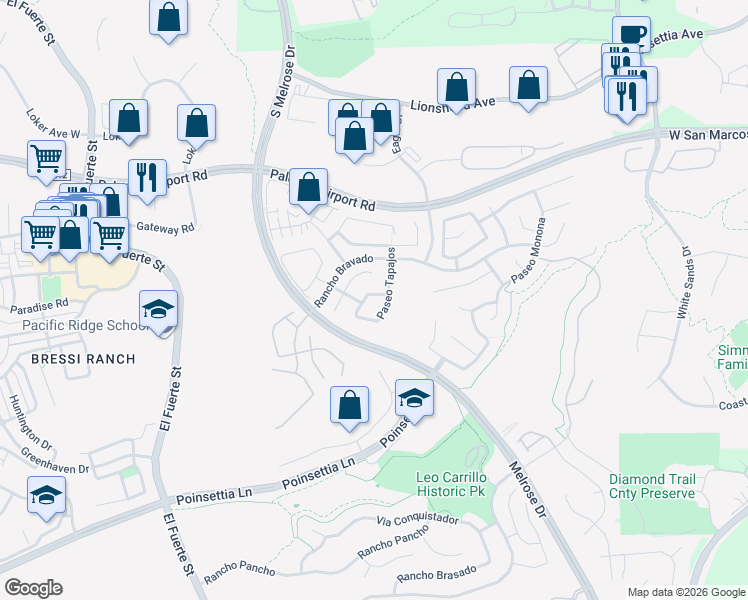 map of restaurants, bars, coffee shops, grocery stores, and more near 6125 Paseo Tapajos in Carlsbad