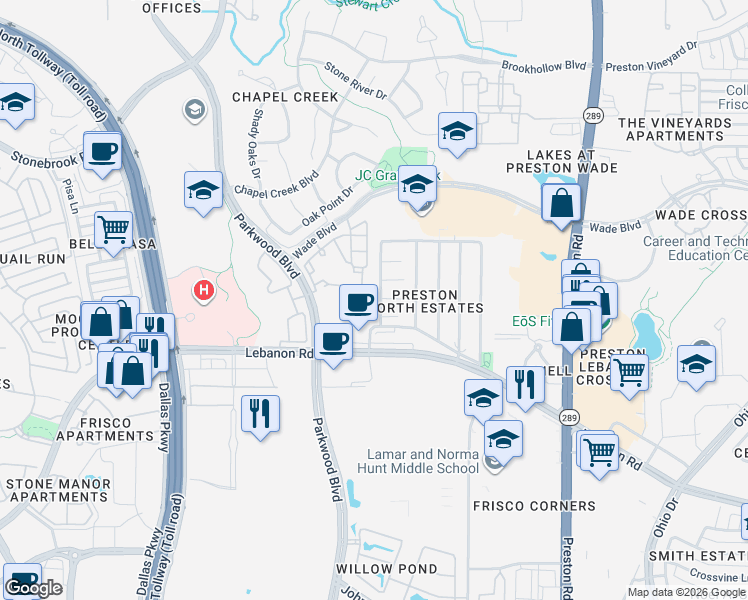 map of restaurants, bars, coffee shops, grocery stores, and more near 7997 Wade Boulevard in Frisco