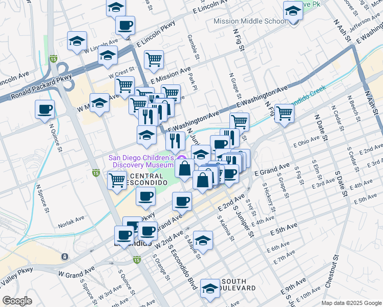 map of restaurants, bars, coffee shops, grocery stores, and more near 405 North Juniper Street in Escondido