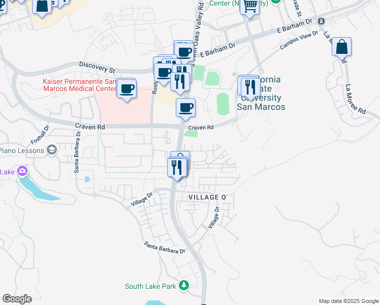 map of restaurants, bars, coffee shops, grocery stores, and more near 607 South Twin Oaks Valley Road in San Marcos