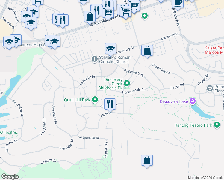 map of restaurants, bars, coffee shops, grocery stores, and more near 997 Gardenia Court in San Marcos