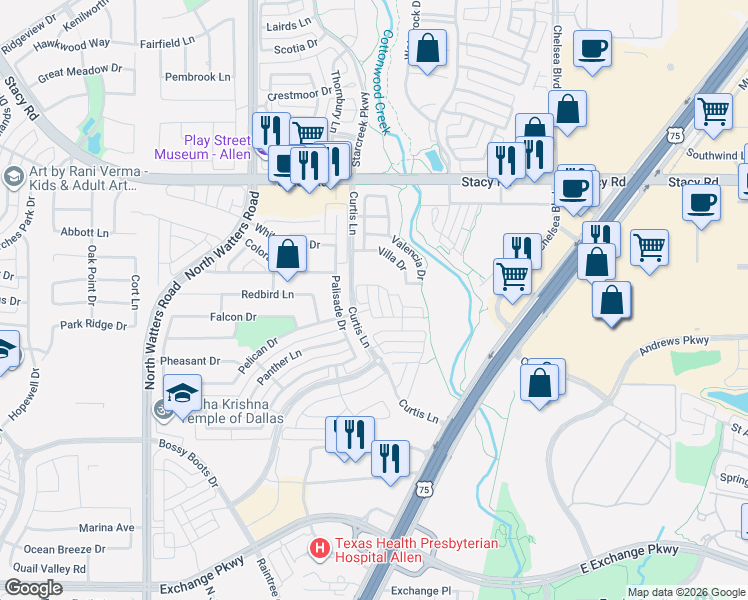 map of restaurants, bars, coffee shops, grocery stores, and more near 1715 Coronado Street in Allen