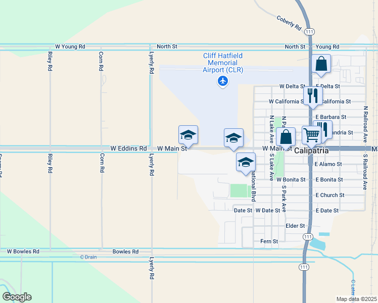 map of restaurants, bars, coffee shops, grocery stores, and more near 601 West Main Street in Calipatria