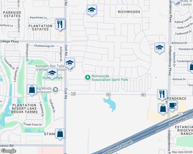 map of restaurants, bars, coffee shops, grocery stores, and more near 13249 Juliet Way in Frisco
