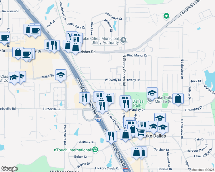 map of restaurants, bars, coffee shops, grocery stores, and more near 62 Lakehaven Drive in Lake Dallas