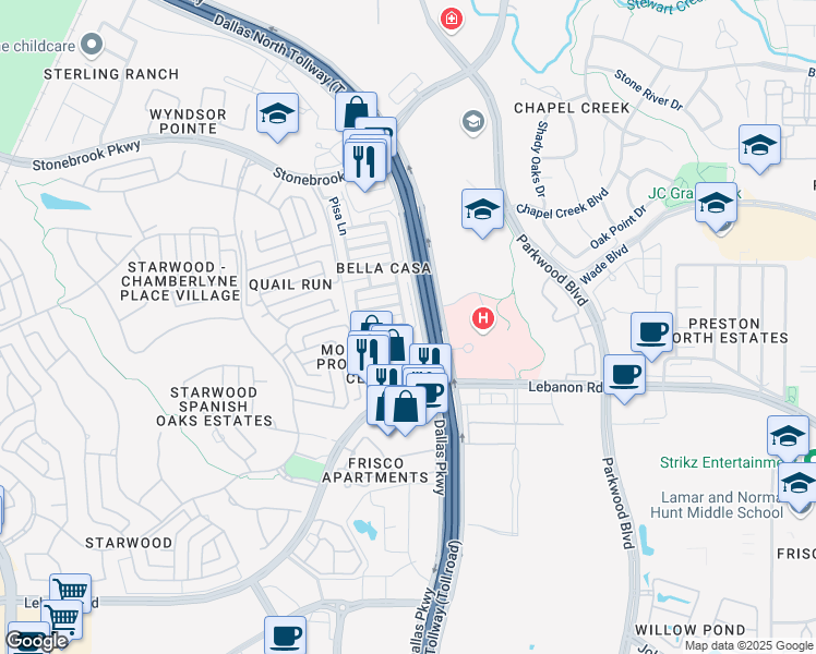 map of restaurants, bars, coffee shops, grocery stores, and more near 6885 Regello Drive in Frisco