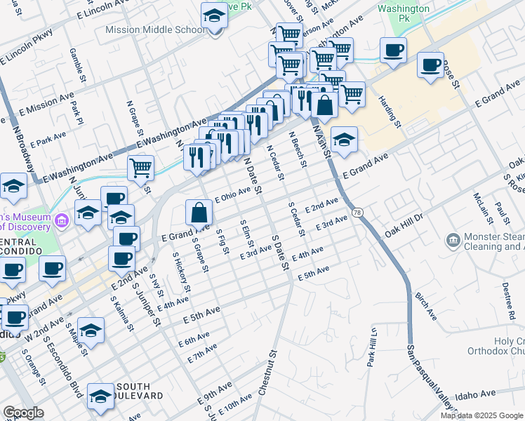 map of restaurants, bars, coffee shops, grocery stores, and more near 842 East Grand Avenue in Escondido