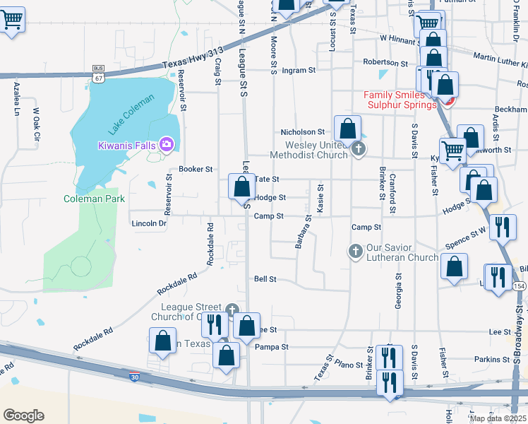 map of restaurants, bars, coffee shops, grocery stores, and more near 805 Camp Street in Sulphur Springs