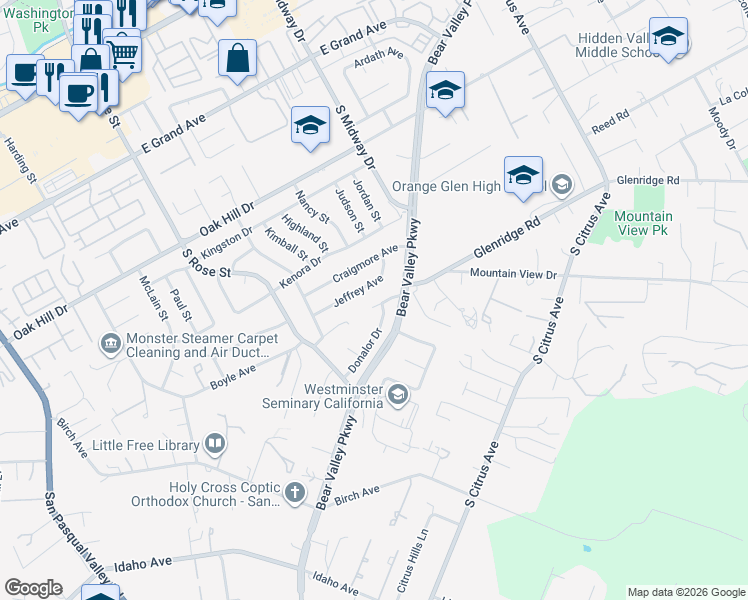 map of restaurants, bars, coffee shops, grocery stores, and more near 1856 Glenridge Road in Escondido