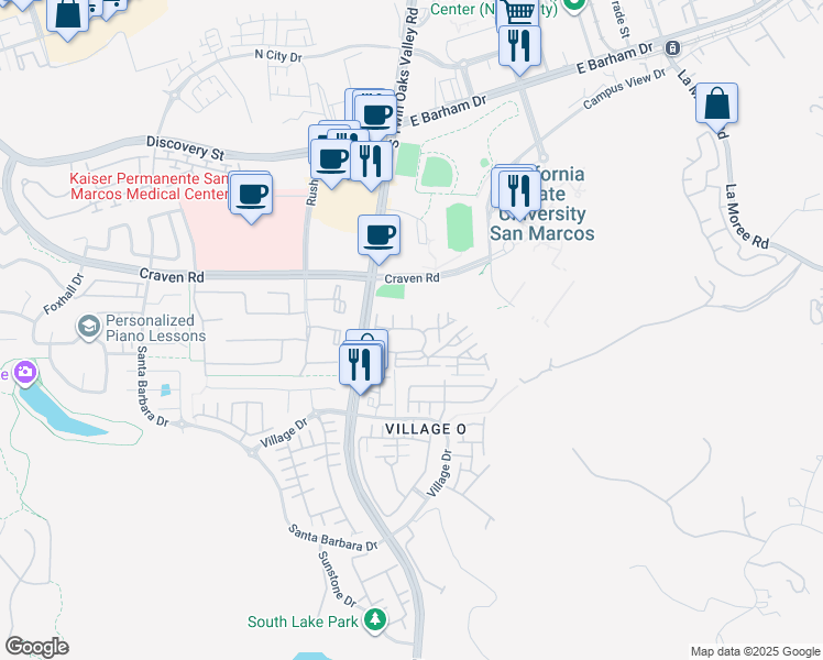 map of restaurants, bars, coffee shops, grocery stores, and more near 617 South Twin Oaks Valley Road in San Marcos