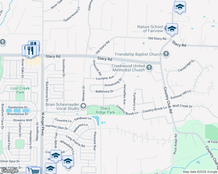 map of restaurants, bars, coffee shops, grocery stores, and more near 1901 Armstrong Drive in Allen