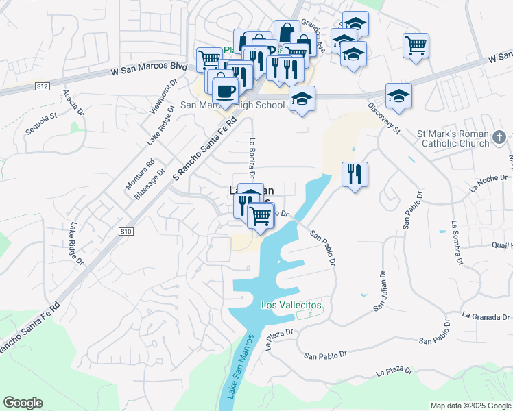 map of restaurants, bars, coffee shops, grocery stores, and more near 967 La Bonita Drive in San Marcos