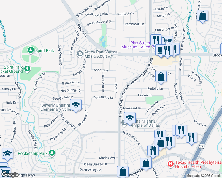 map of restaurants, bars, coffee shops, grocery stores, and more near 953 Byron Street in Allen