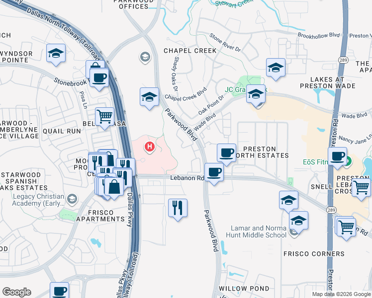map of restaurants, bars, coffee shops, grocery stores, and more near 5775 Parkwood Boulevard in Frisco