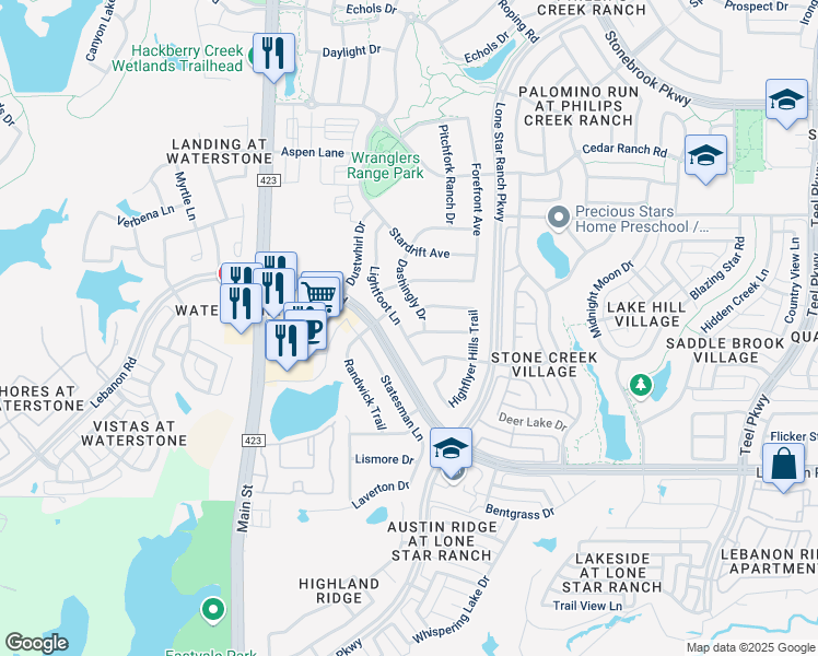 map of restaurants, bars, coffee shops, grocery stores, and more near 5629 Dashingly Drive in Frisco
