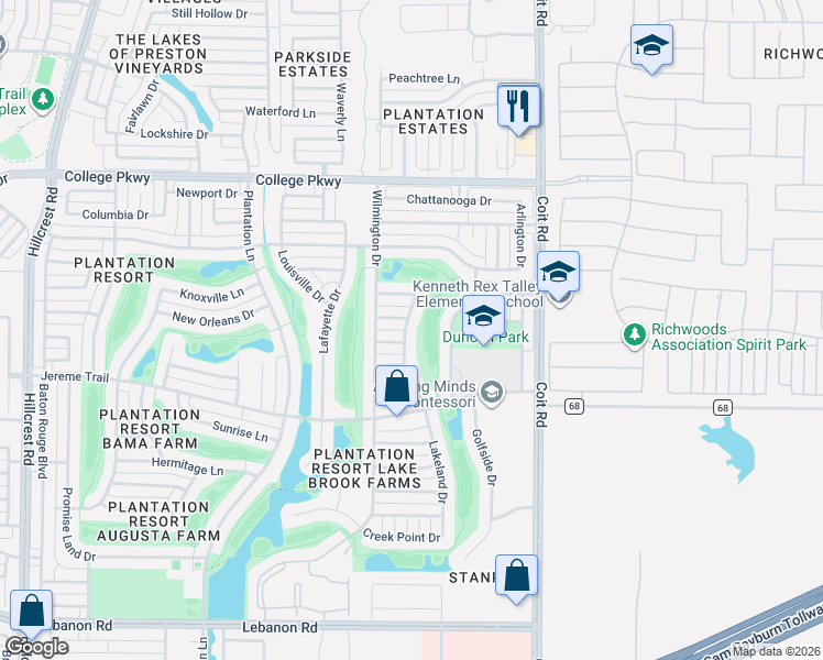 map of restaurants, bars, coffee shops, grocery stores, and more near 5800 Roanoke Drive in Frisco