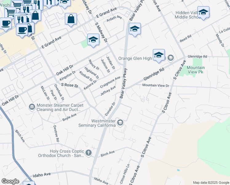 map of restaurants, bars, coffee shops, grocery stores, and more near 1862 Glenridge Road in Escondido
