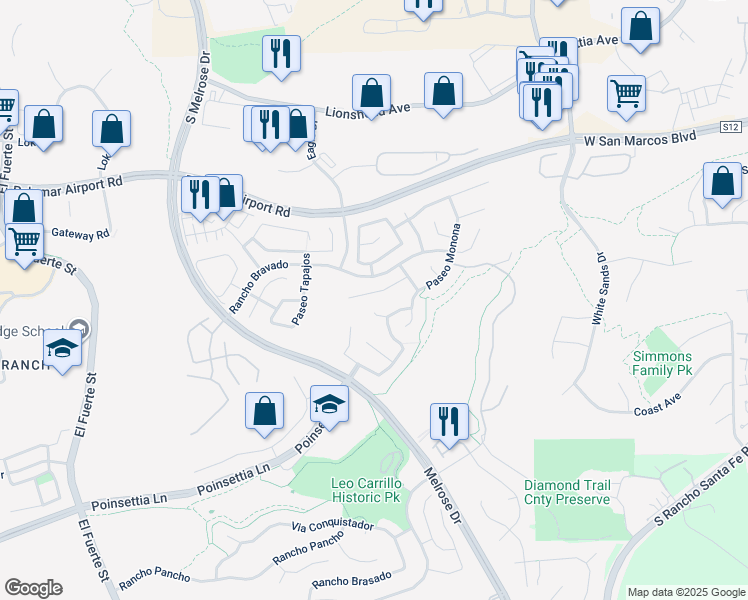 map of restaurants, bars, coffee shops, grocery stores, and more near 3224 Rancho Companero in Carlsbad