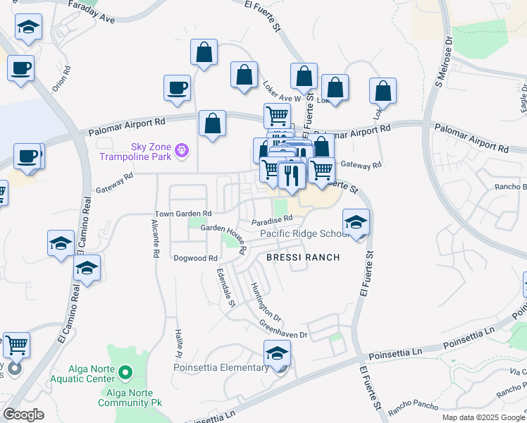 map of restaurants, bars, coffee shops, grocery stores, and more near 6255 Nygaard Street in Carlsbad