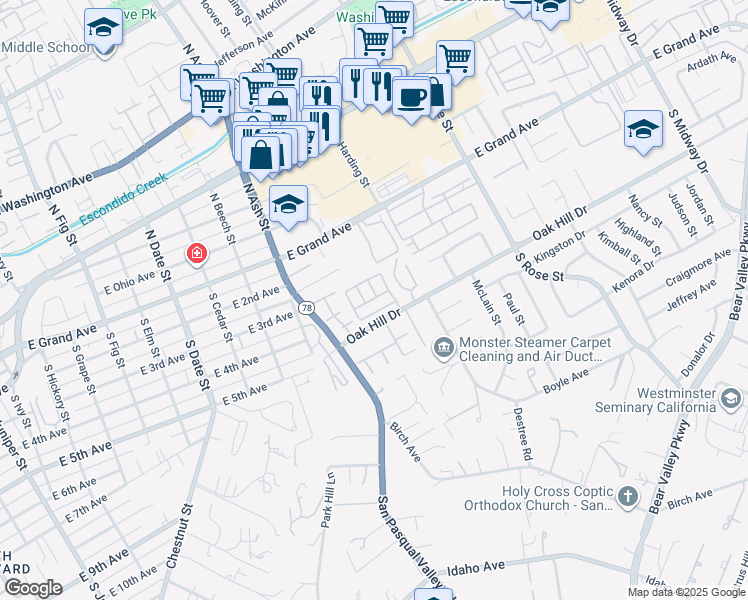 map of restaurants, bars, coffee shops, grocery stores, and more near 1380 Oak Hill Drive in Escondido