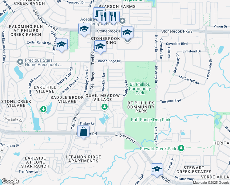 map of restaurants, bars, coffee shops, grocery stores, and more near 2833 Ridge View Road in Frisco