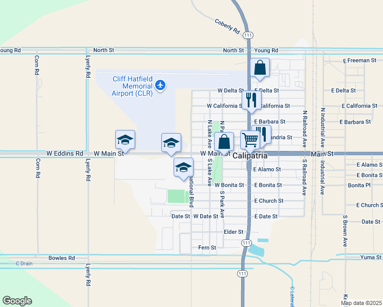 map of restaurants, bars, coffee shops, grocery stores, and more near 401 West Main Street in Calipatria