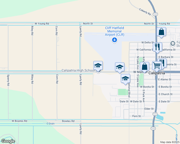 map of restaurants, bars, coffee shops, grocery stores, and more near 601 West Main Street in Calipatria