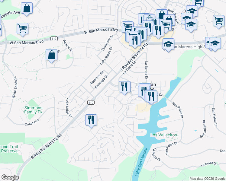 map of restaurants, bars, coffee shops, grocery stores, and more near Waterlily Way in San Marcos
