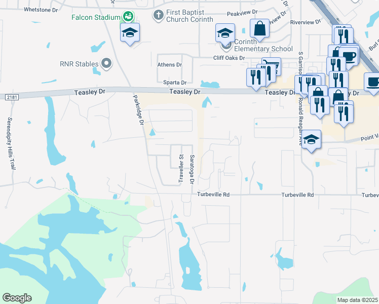 map of restaurants, bars, coffee shops, grocery stores, and more near 215 Saratoga Drive in Hickory Creek