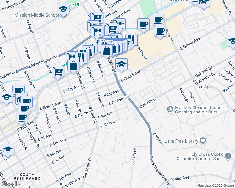 map of restaurants, bars, coffee shops, grocery stores, and more near 1139 East 2nd Avenue in Escondido