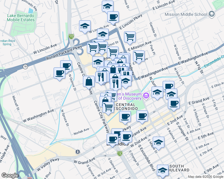 map of restaurants, bars, coffee shops, grocery stores, and more near 250 Woodward Avenue in Escondido