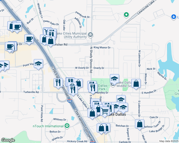 map of restaurants, bars, coffee shops, grocery stores, and more near 201 North Shady Shores Road in Lake Dallas