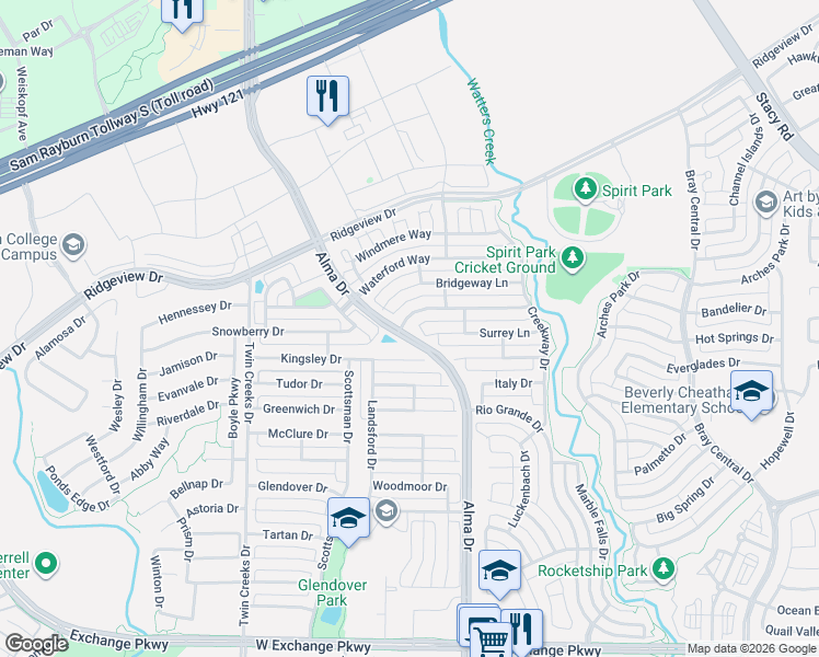 map of restaurants, bars, coffee shops, grocery stores, and more near 1217 Arbor Park Drive in Allen
