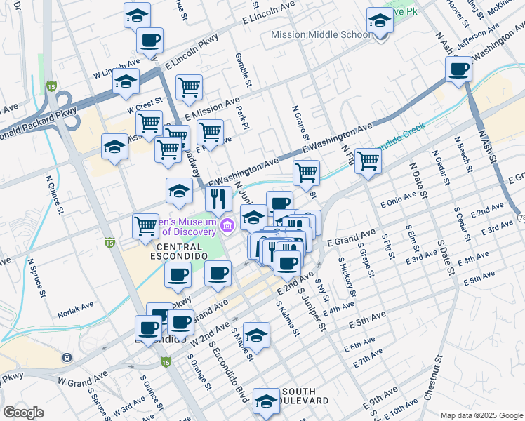 map of restaurants, bars, coffee shops, grocery stores, and more near 330 North Juniper Street in Escondido