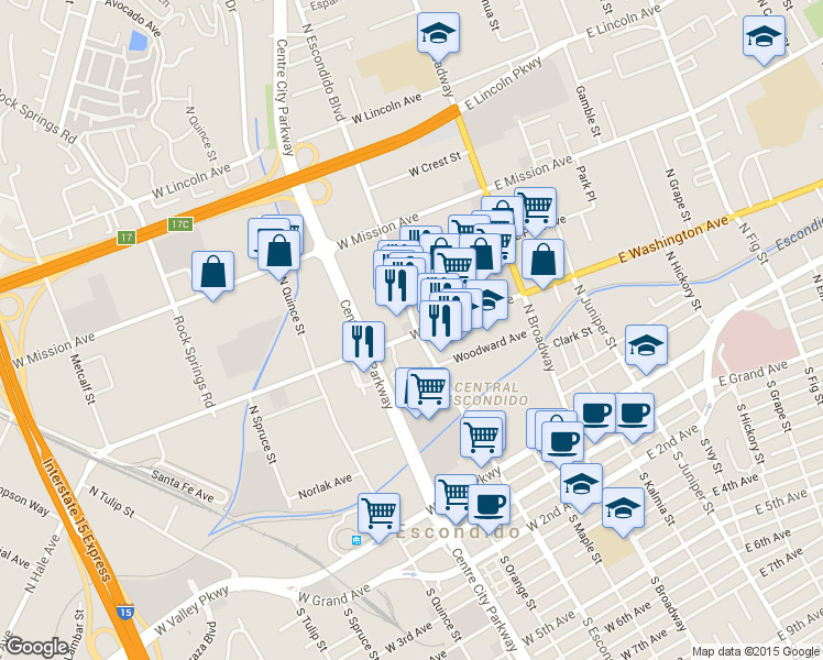 map of restaurants, bars, coffee shops, grocery stores, and more near 300 West Washington Avenue in Escondido