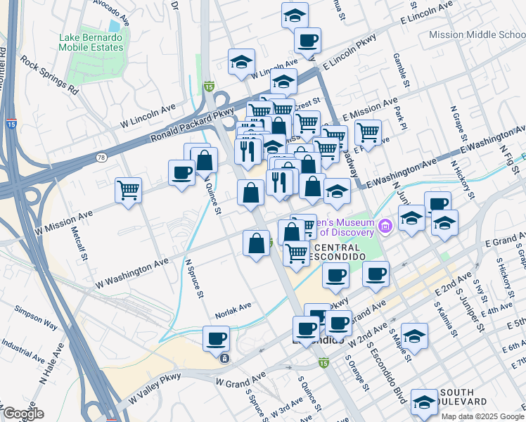 map of restaurants, bars, coffee shops, grocery stores, and more near 430 West Washington Avenue in Escondido
