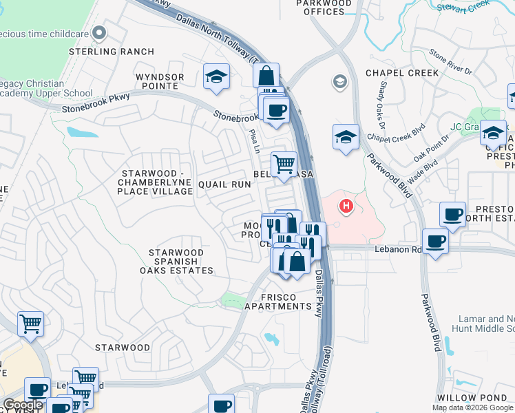 map of restaurants, bars, coffee shops, grocery stores, and more near 5700 Widgeon Way in Frisco