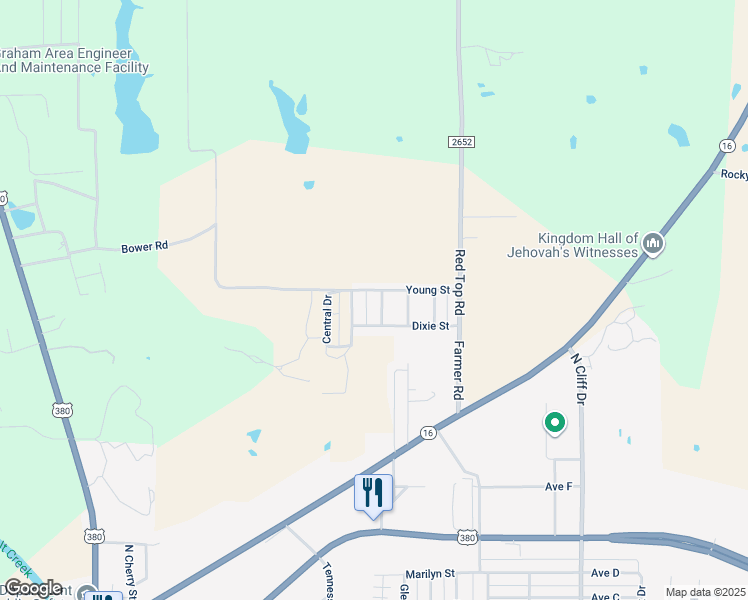 map of restaurants, bars, coffee shops, grocery stores, and more near 515 Hall Street in Graham