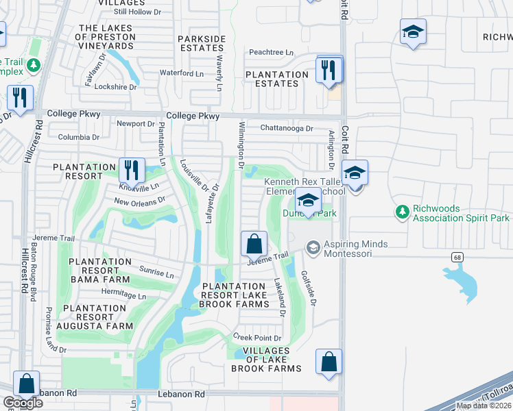map of restaurants, bars, coffee shops, grocery stores, and more near 11915 Auburn Lane in Frisco