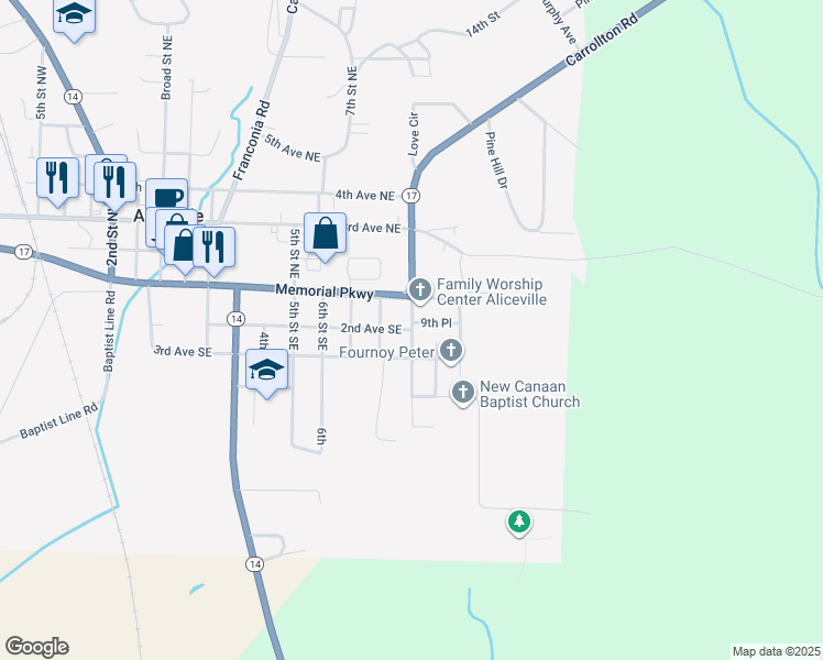 map of restaurants, bars, coffee shops, grocery stores, and more near 9th Street Southeast in Aliceville