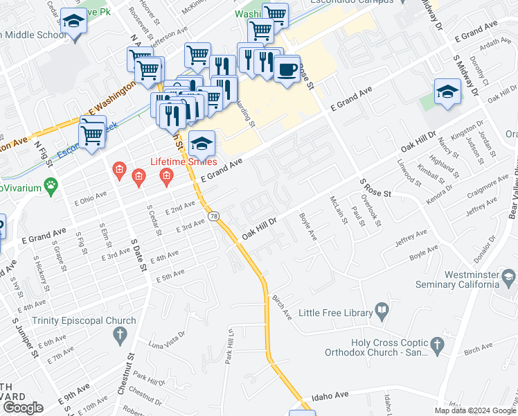map of restaurants, bars, coffee shops, grocery stores, and more near 1380 Oak Hill Drive in Escondido