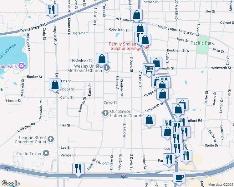 map of restaurants, bars, coffee shops, grocery stores, and more near 411 Hodge Street in Sulphur Springs