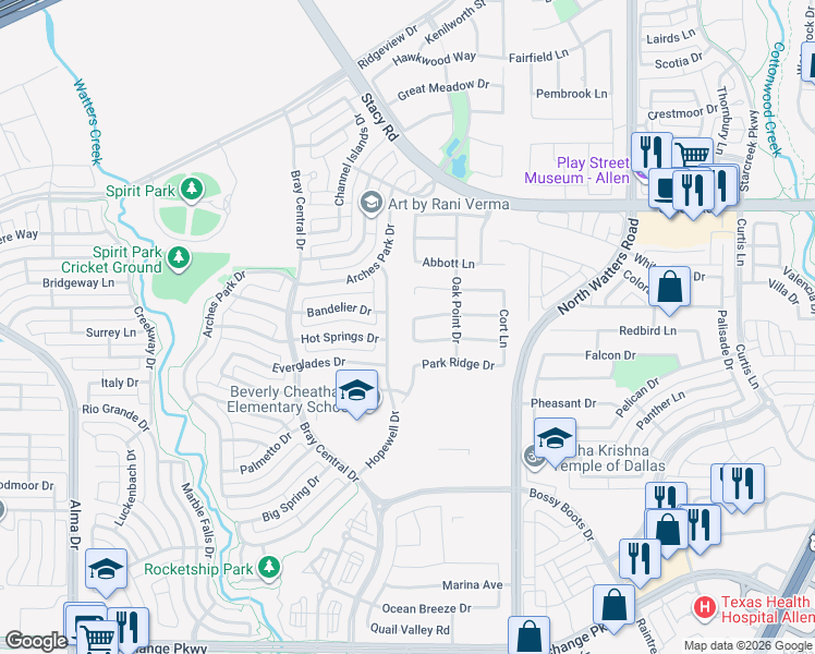 map of restaurants, bars, coffee shops, grocery stores, and more near 2016 Hopewell Drive in Allen