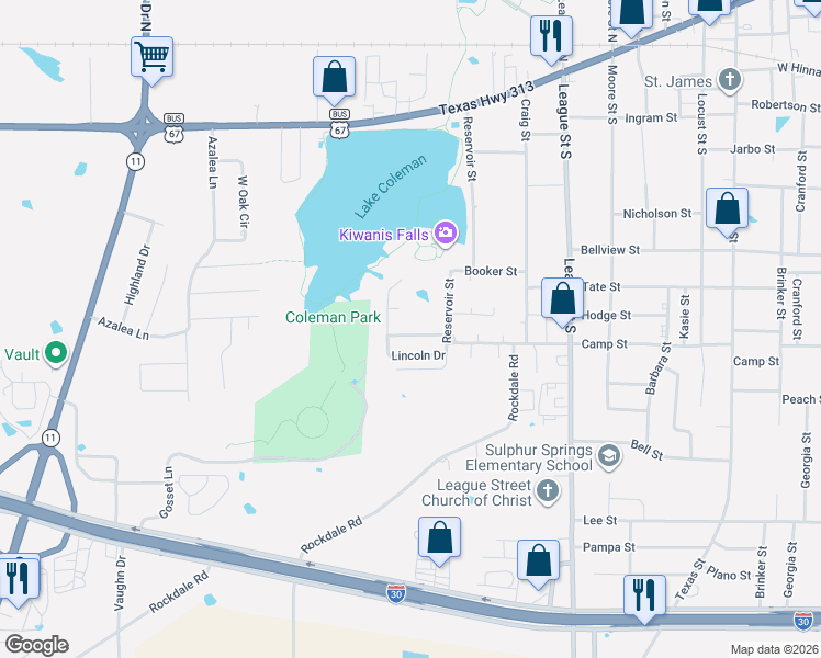 map of restaurants, bars, coffee shops, grocery stores, and more near 1100 Markeda Street in Sulphur Springs