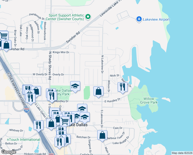 map of restaurants, bars, coffee shops, grocery stores, and more near 401 Stockard Avenue in Lake Dallas
