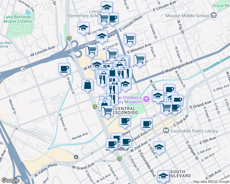 map of restaurants, bars, coffee shops, grocery stores, and more near 239 West Washington Avenue in Escondido