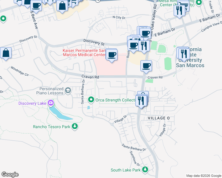 map of restaurants, bars, coffee shops, grocery stores, and more near 355 Avenida La Cuesta in San Marcos