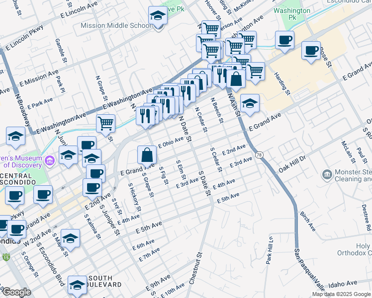 map of restaurants, bars, coffee shops, grocery stores, and more near 842 East Grand Avenue in Escondido