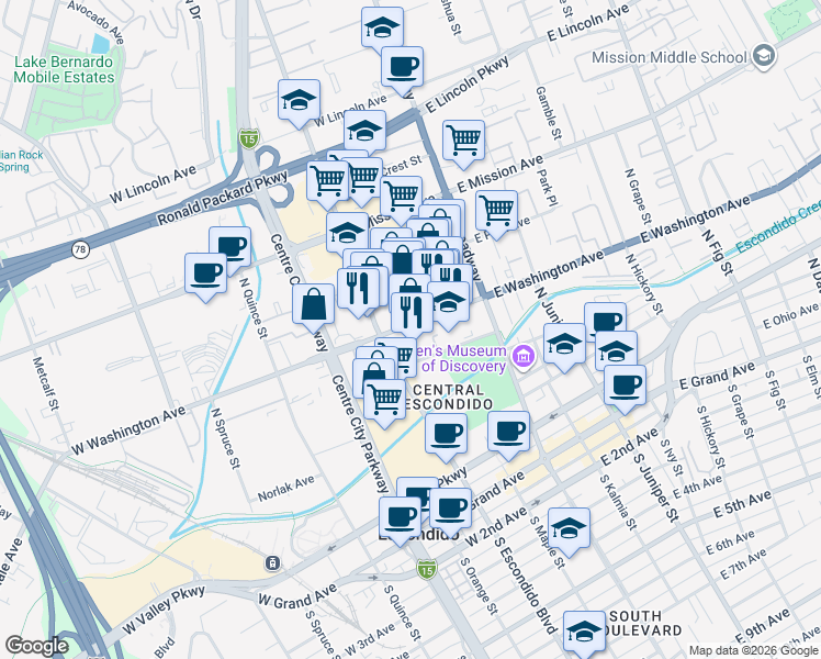 map of restaurants, bars, coffee shops, grocery stores, and more near 239 West Washington Avenue in Escondido