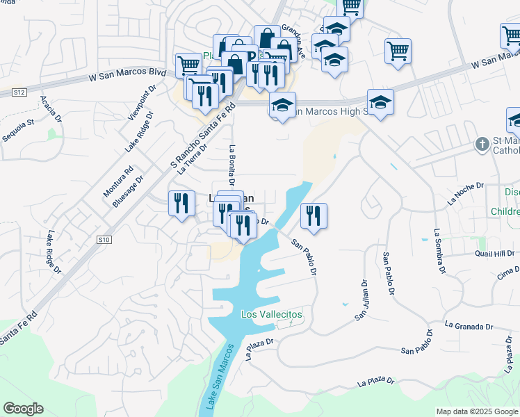 map of restaurants, bars, coffee shops, grocery stores, and more near 1537 La Fiesta Drive in San Marcos